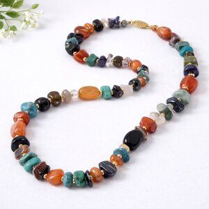 Vintage Multi-Stone Beaded Necklace With Mixed Gemstones & Silver Accents 30-Inc